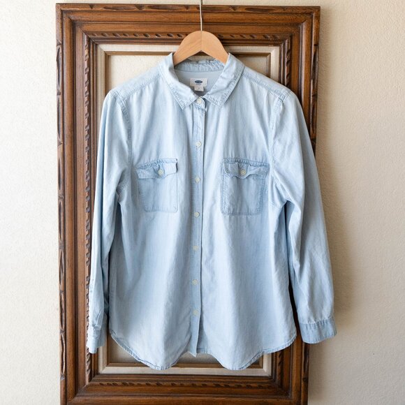 Old Navy Blue Chambray Button Up Shirt Size Large Long Sleeve Casual Denim Look - Picture 1 of 7